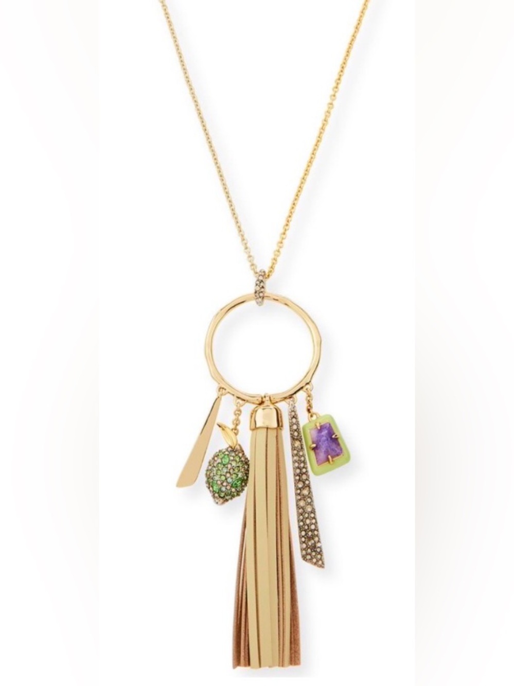 ALEXIS BITTAR • NEW Gemstone Amethyst Crystal Leather Tassel Lime Fruit Necklace